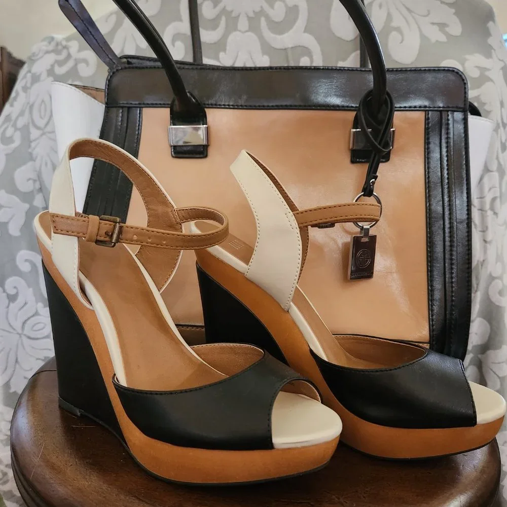 Elle Black, White and Tan Wedge Sandals